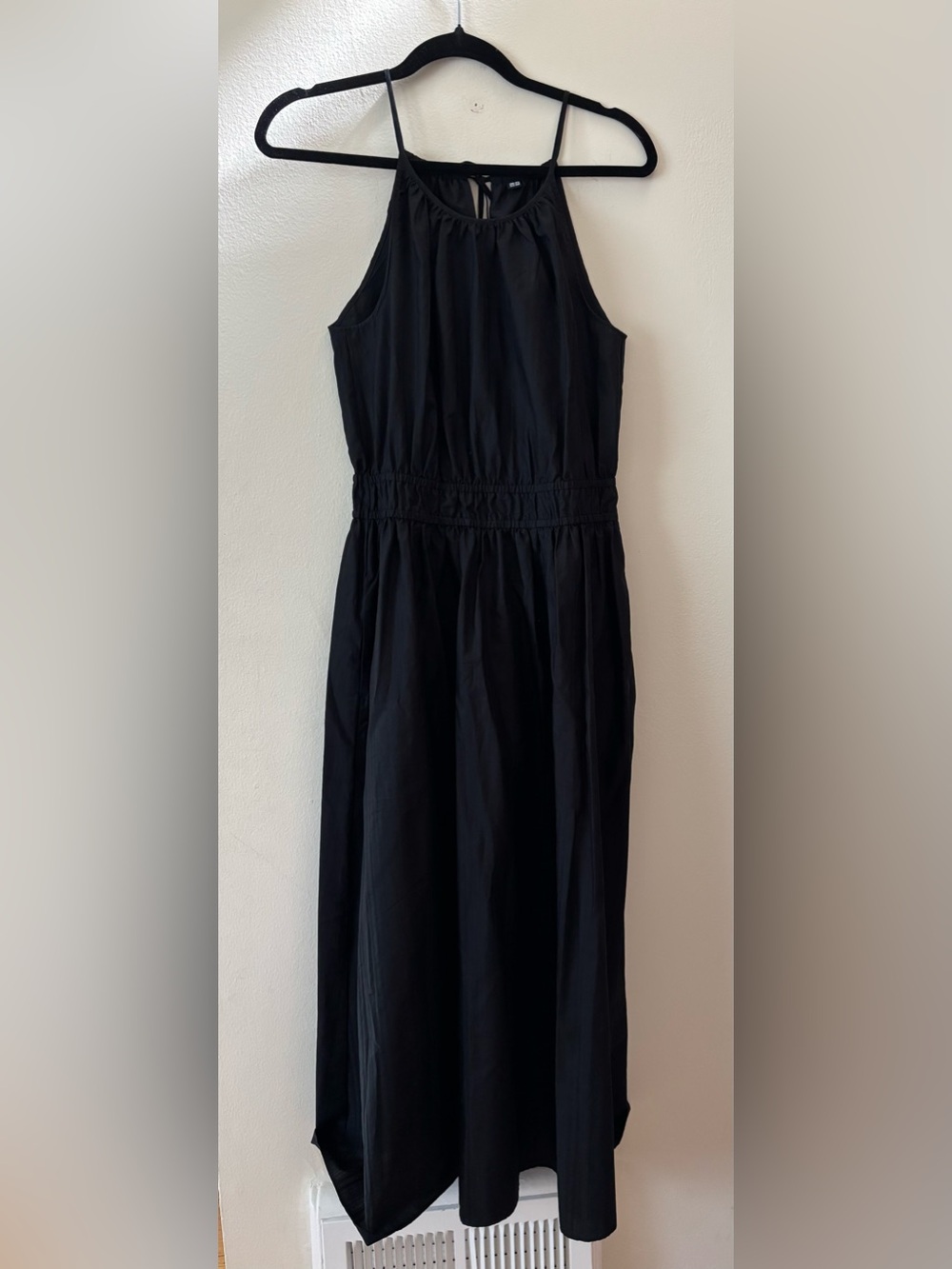 Uniqlo Black Halter-Style Maxi Dress with Smocked Waist M Cotton